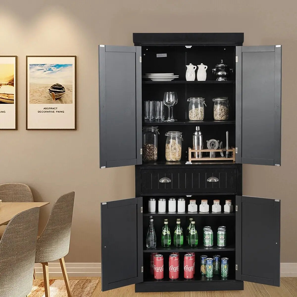 GOFLAME Wood Tall Storage Cabinet 2 Doors Display Organizer Freestanding Pantry Cupboard