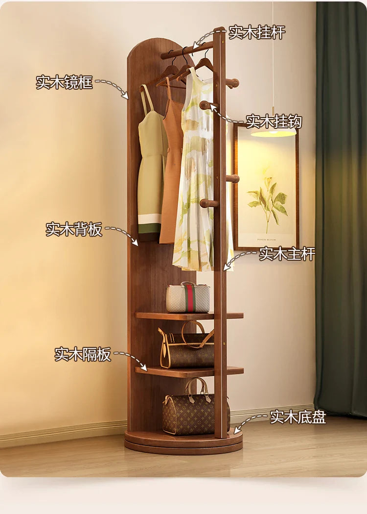 Solid wood hanger bedroom floor coat rack with mirror integrated