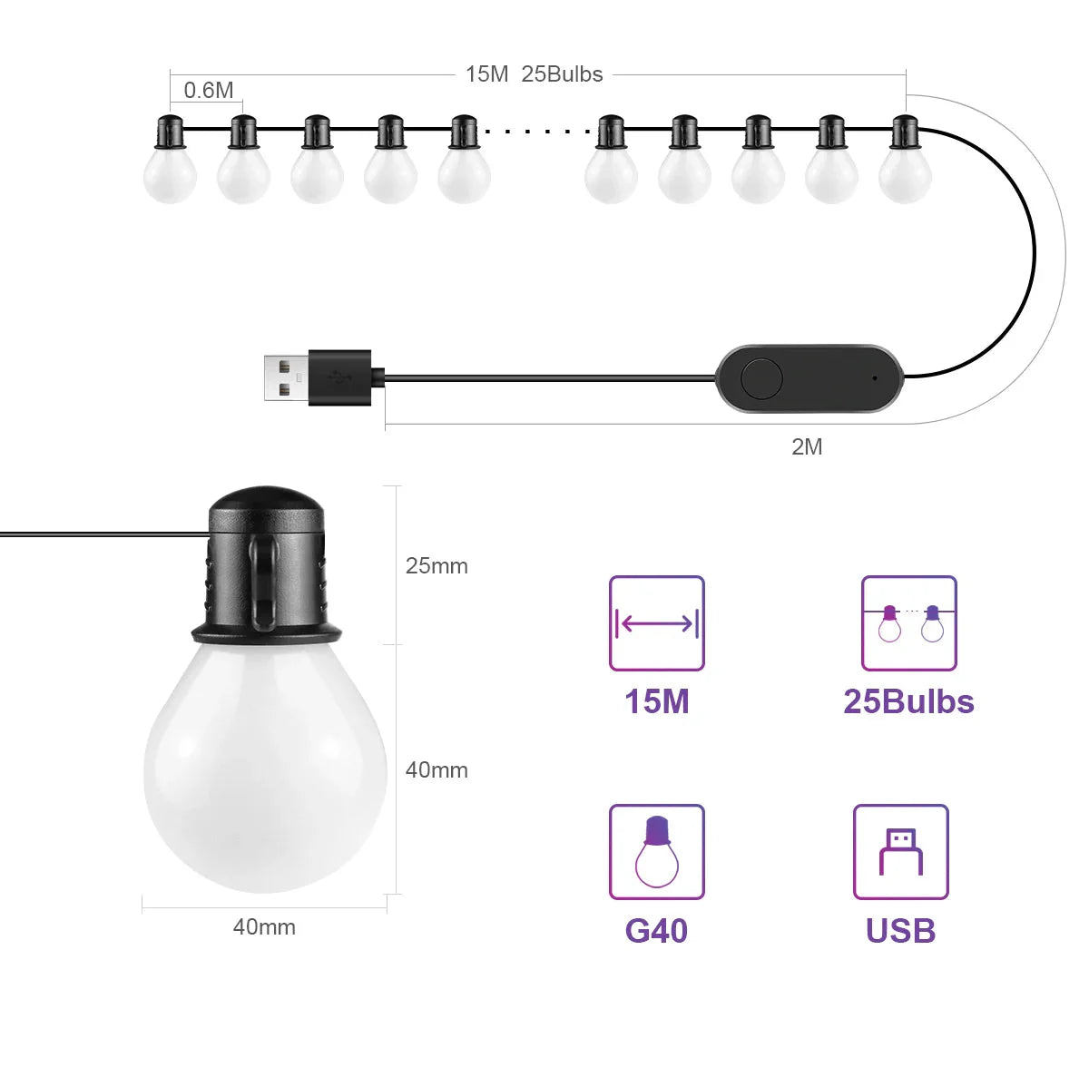 Smart WIFI G40 LED Bulb String Light USB 15M 25 Blubs Fairy Lights
