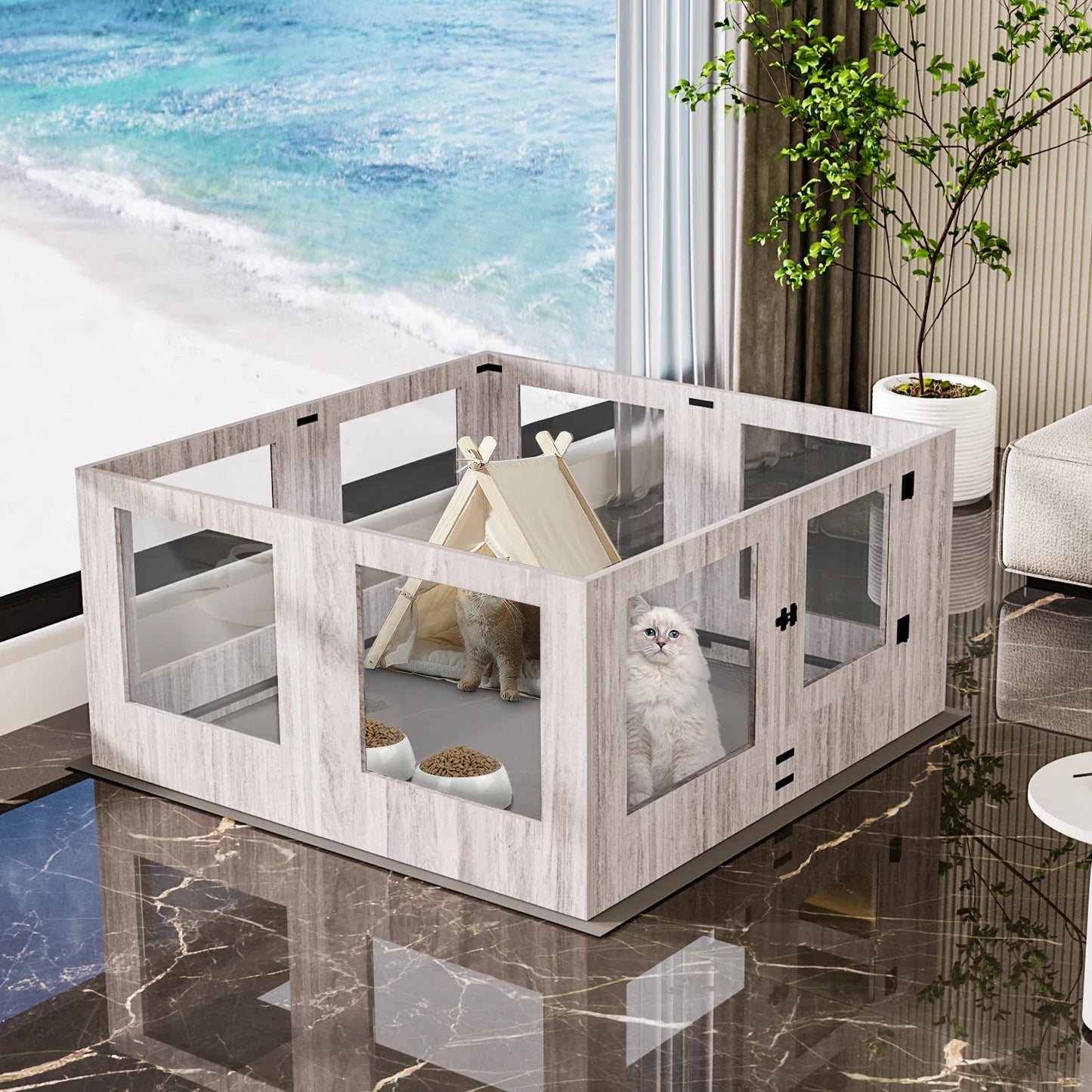 Clear Tempered Glass Pet Exercise Fence House, Dog Whelping Pen Box, for Indoor with Waterproof Pad, 8/4 Panels