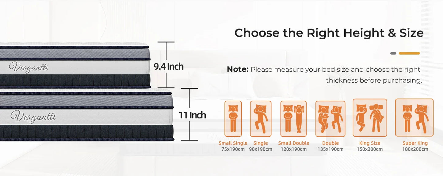 9.4 Inch Pocket Sprung Mattress with Breathable Foam and Individually Pocket Spring - Medium, Luxury Box Top Collection