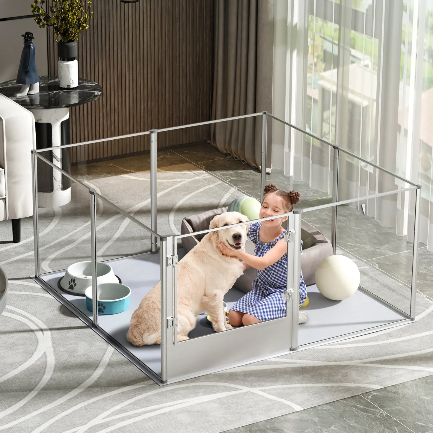 Indoor Dog Playpen Fence, Clear Acrylic Whelping Box, Kennels with Waterproof Pad and Steel Lock, 8 Panels, 52 in