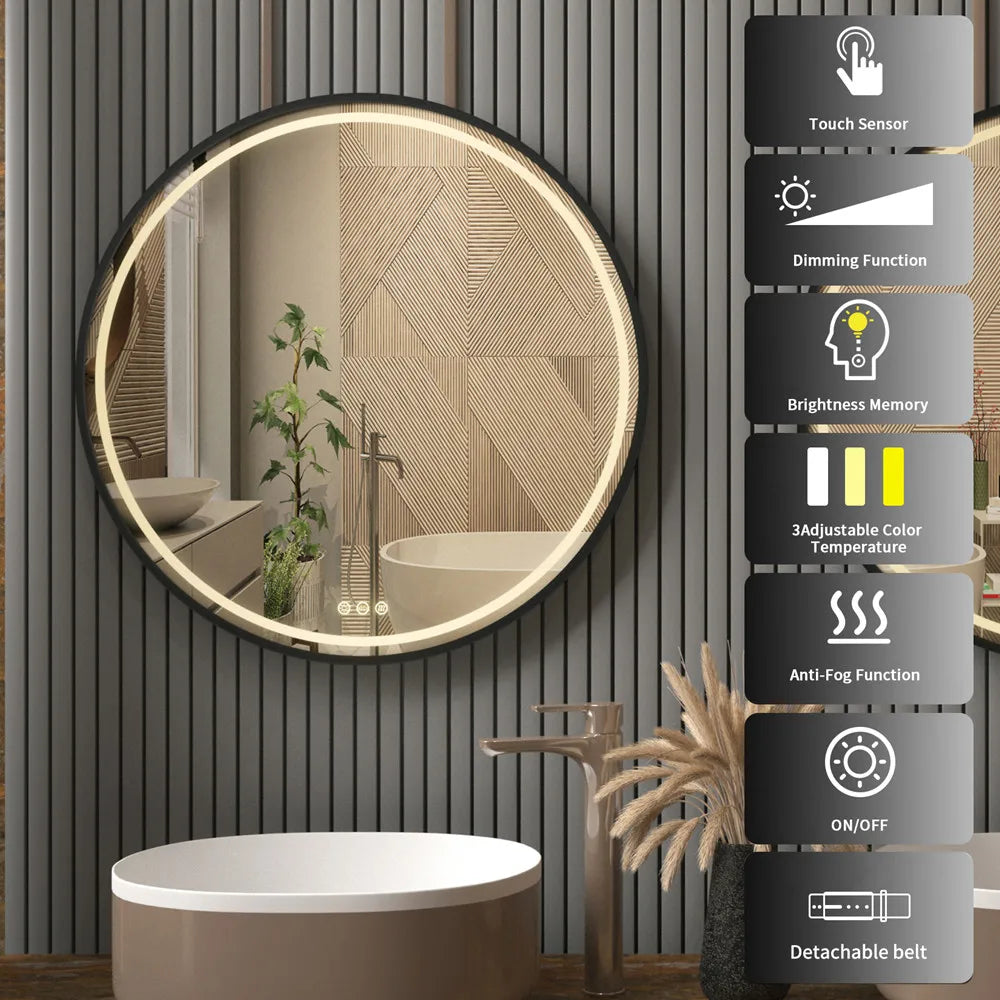 LUVODI Bathroom Light Mirror Round Black Gold Frame Bathroom Dimmable Fogless Mirror with Detachable Rope