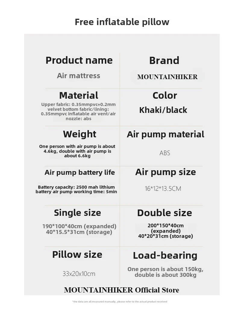 MOUNTAINHIKER 2025 Interior Air Mattress Glamping Mats PVC Inflatable Sleeping Mattress 1/3 Person Camping Bed Mat Built-in Pump