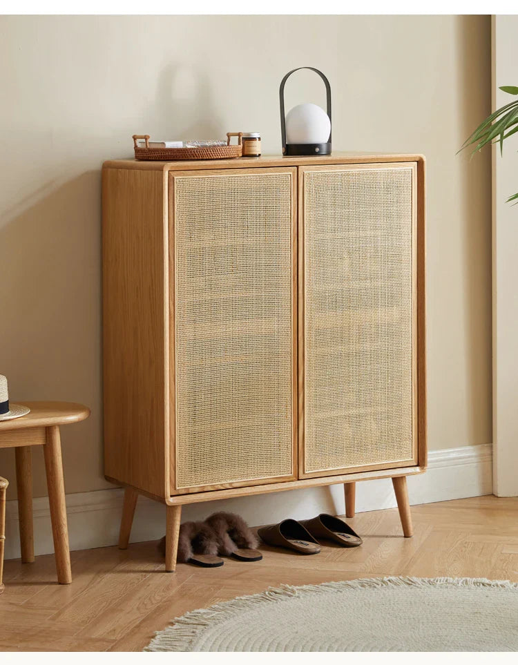 Japanese-Style Solid Wood Double-Door Rattan Shoe Cabinet Imported Oak Simple Modern Bedroom Storage Hall Entrance Cabinet