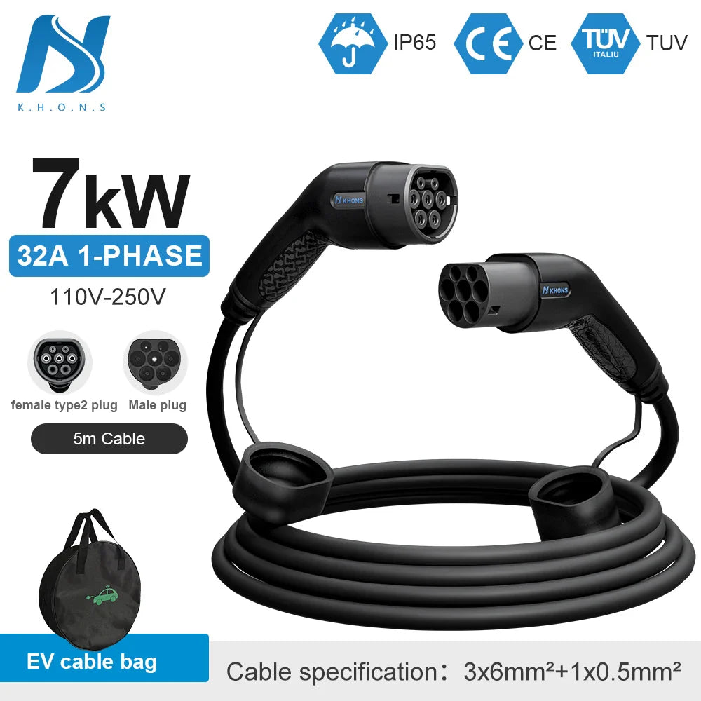 Khons Type2 To Type2 Ev Charging Cable 3Phase 32A Female To Male Plug 5M Cable 22kw IEC62196-2 EVES Charging Stations
