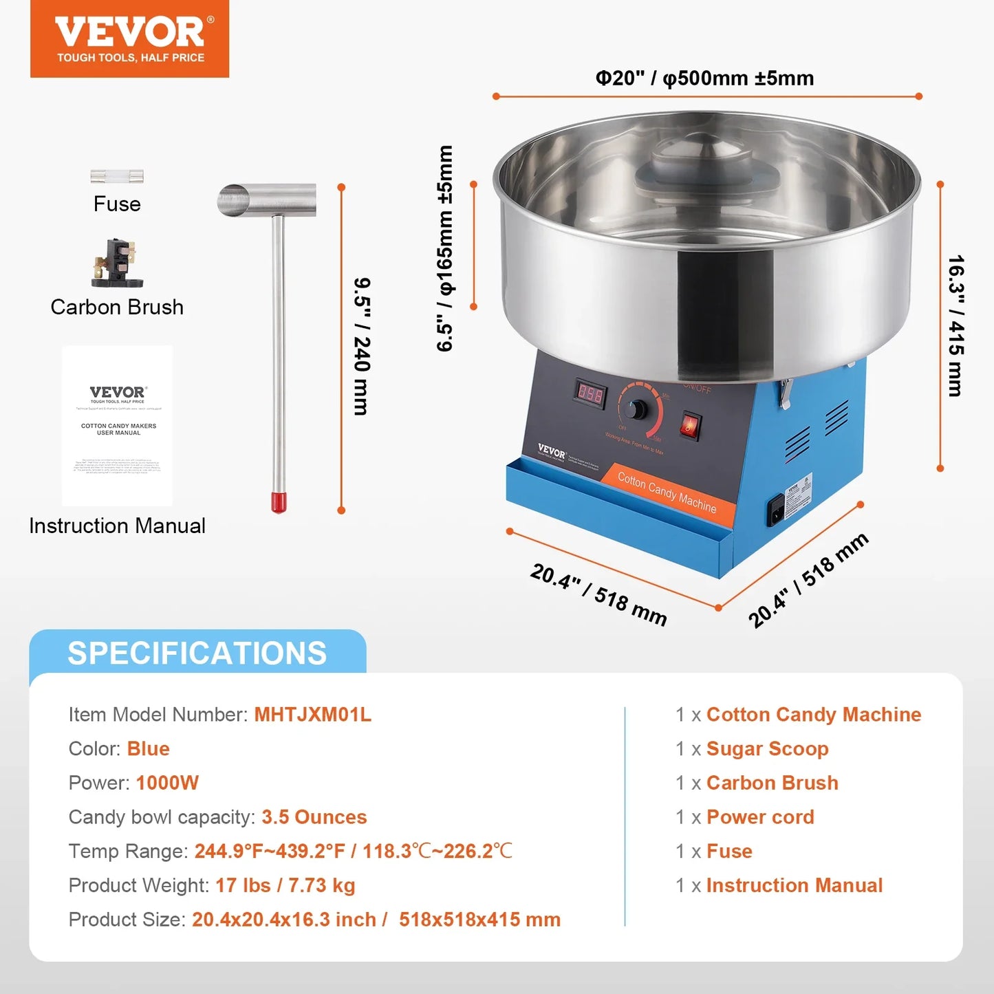 VEVOR Electric Cotton Candy Machine 1000W Candy Floss Maker Commercial Cotton Candy Machine Stainless Steel Bowl and Sugar Scoop