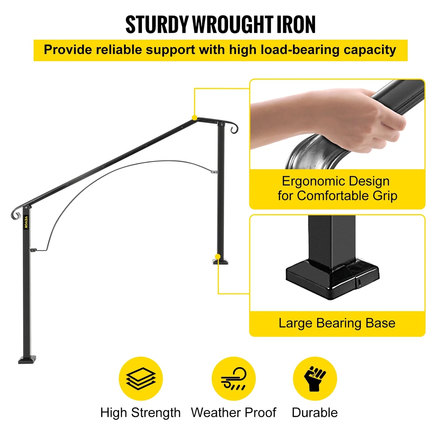 VEVOR Handrails for Outdoor Steps Fit 4 or 5 Steps Outdoor Stair Railing Arch#4 Wrought Iron Handrail Flexible Porch Railing