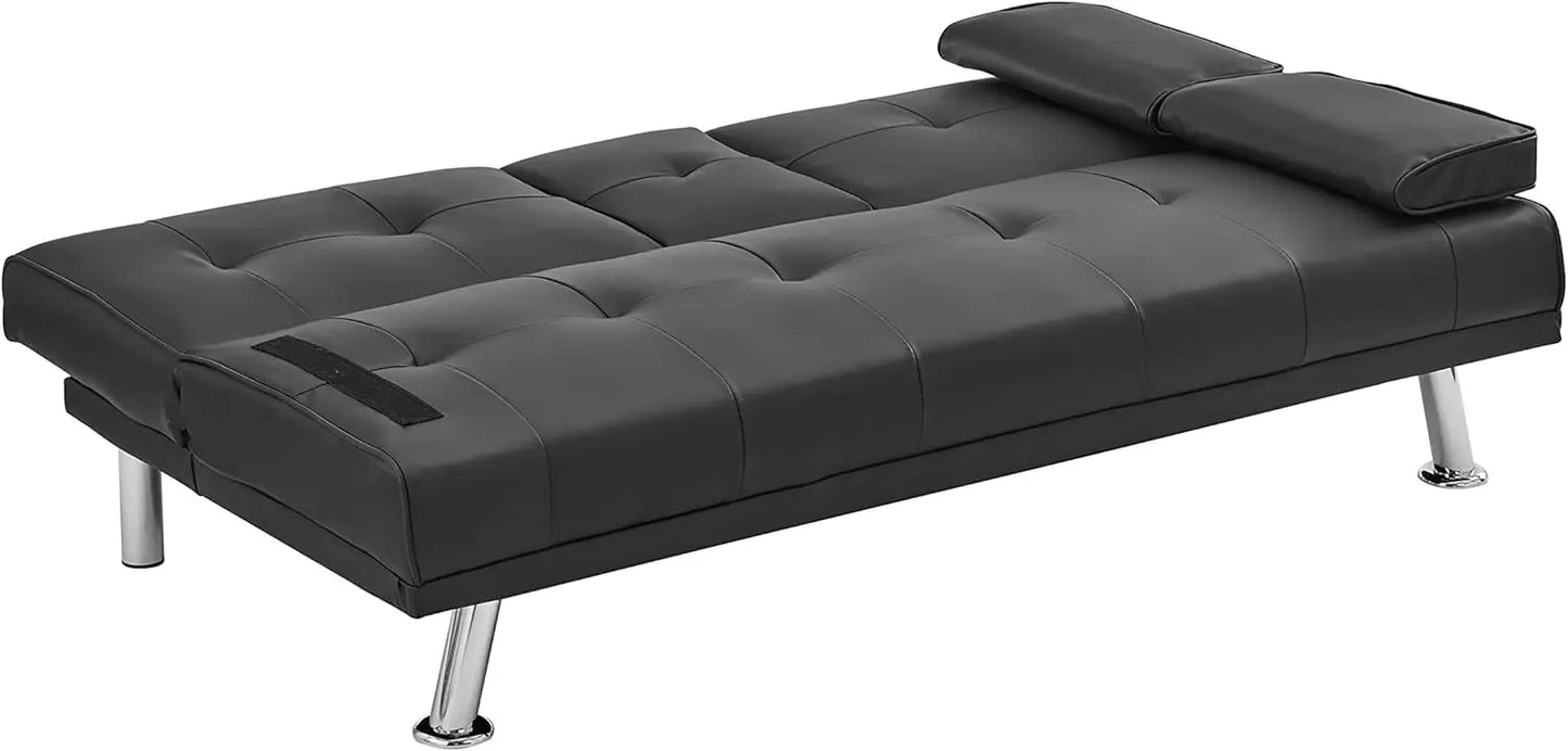 Manhattan 2 Seater Sofa Bed - Black. Faux Leather Fabric Sofa Bed With Cup Holder, Folding Sofa Bed To Double Bed. Click