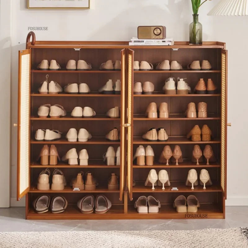 Japanese Bamboo Shoe Rack Indoor Multi-layer Dustproof Shoe Organizers Furniture Imitation Rattan Weave Cabinets for Living Room