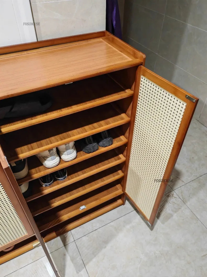 Japanese Bamboo Shoe Rack Indoor Multi-layer Dustproof Shoe Organizers Furniture Imitation Rattan Weave Cabinets for Living Room
