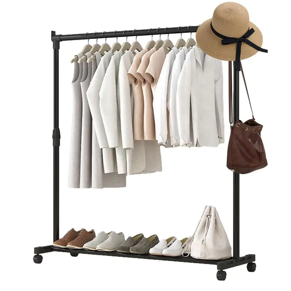 Clothes Rack With Wheels Metal Telescopic Adjustable Laundry Shop Living Room Bedroom Garment Rack Heavy-duty Standing Hanger