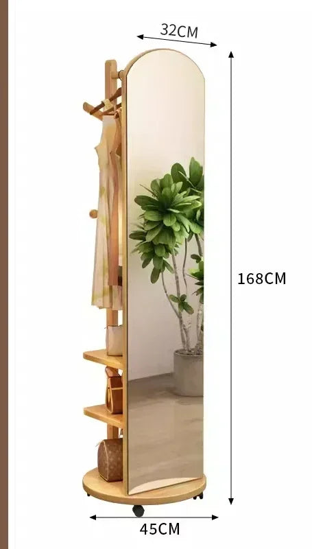 Solid wood hanger bedroom floor coat rack with mirror integrated
