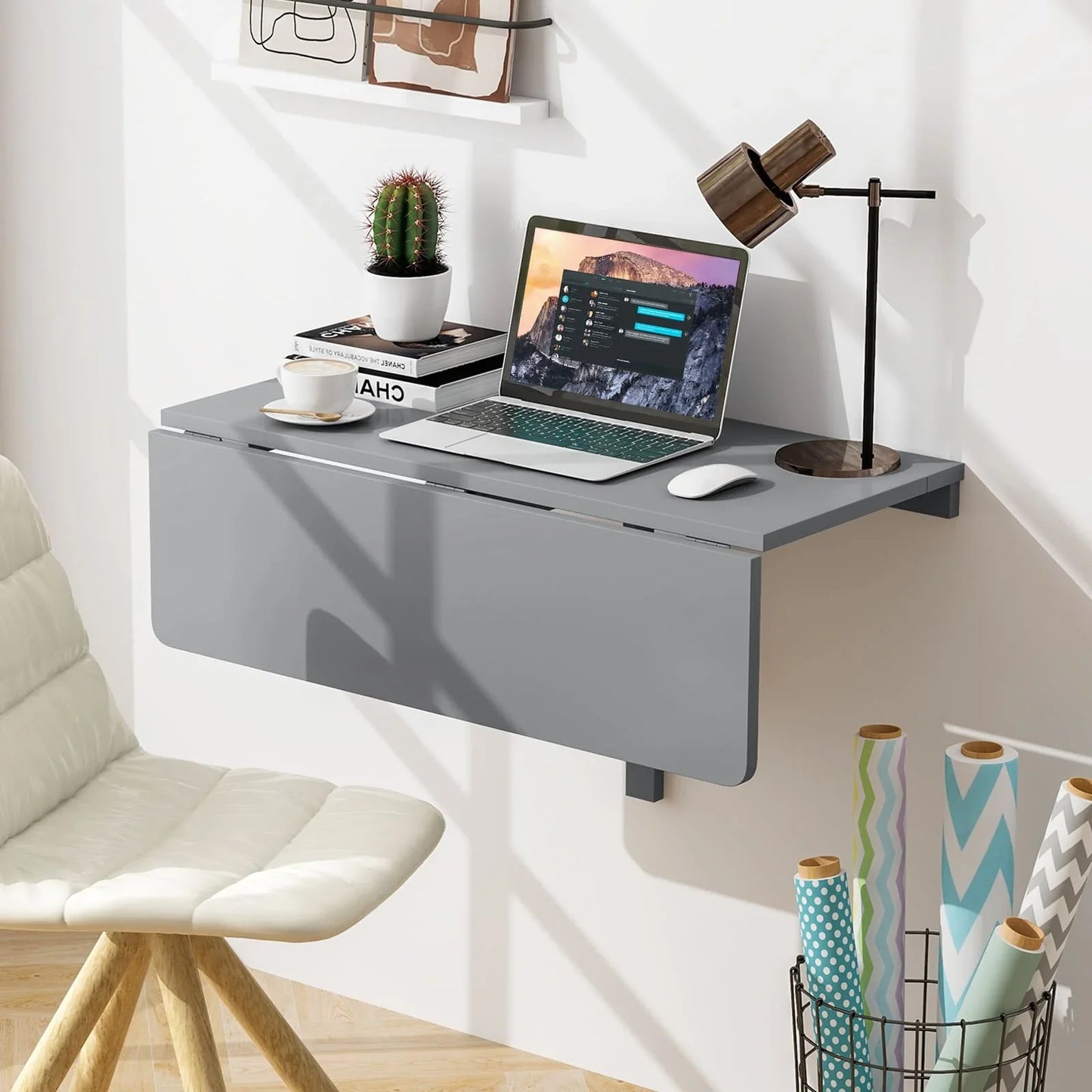 GOFLAME Wall Mounted Folding Table 80x60cm Drop-Leaf Floating Writing Desk-Grey