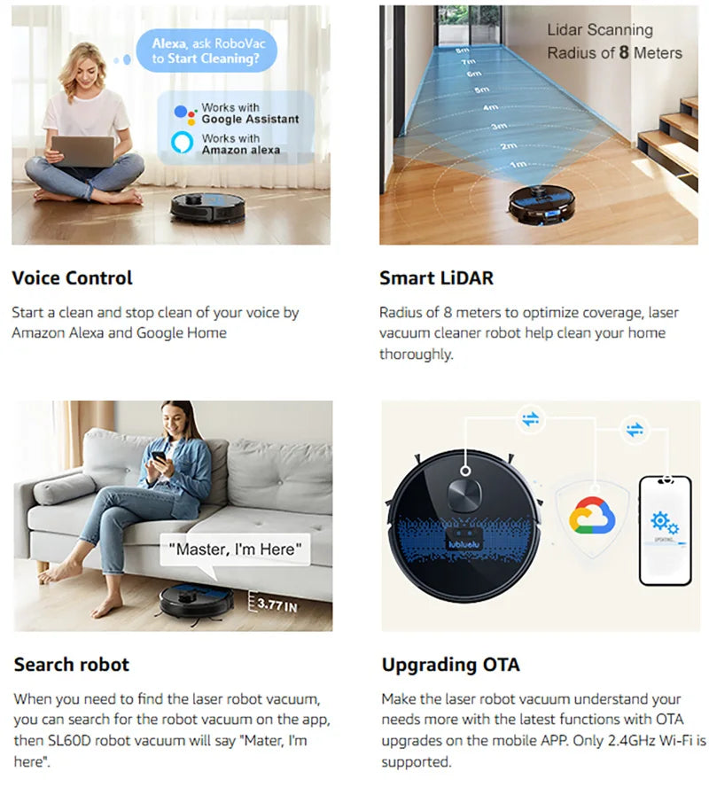 Lubluelu SL60D Robot Vacuum and Mop Combo - 4000Pa Suction, 150Mins Runtime, Quiet Operation, Smart App Control, 10 No-Go Zones