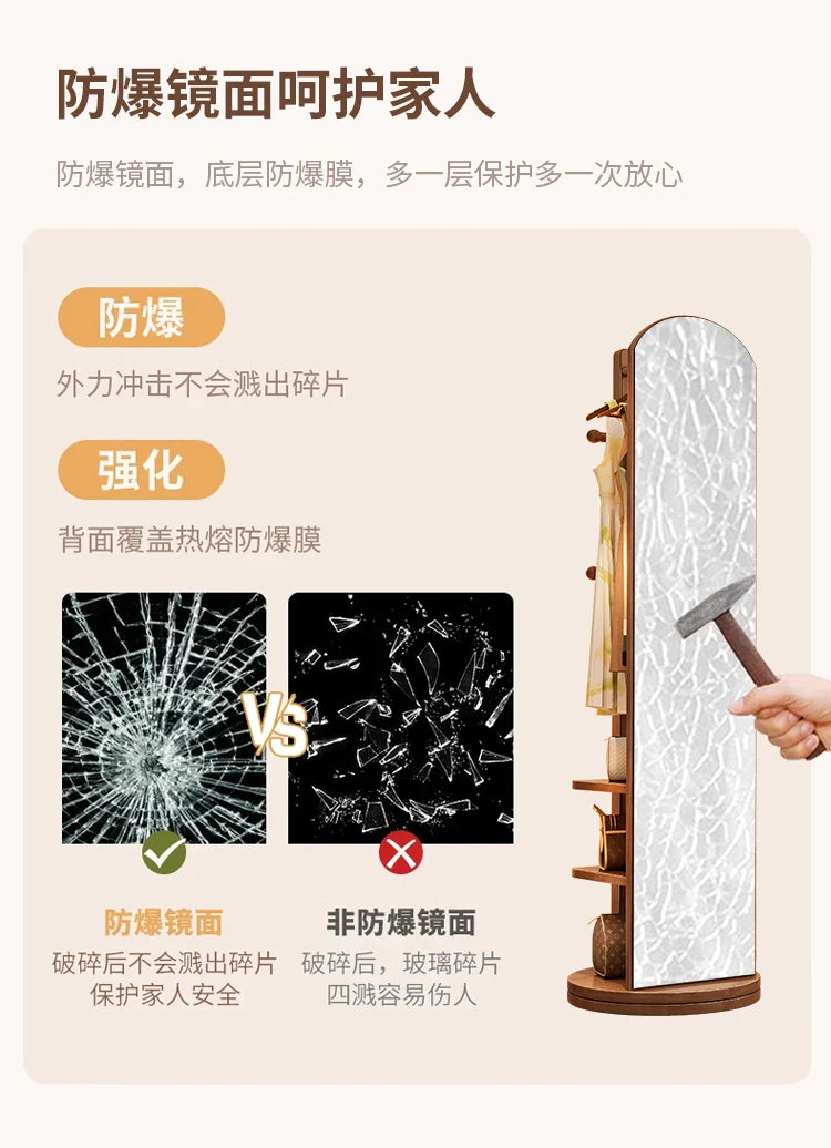 Solid wood hanger bedroom floor coat rack with mirror integrated