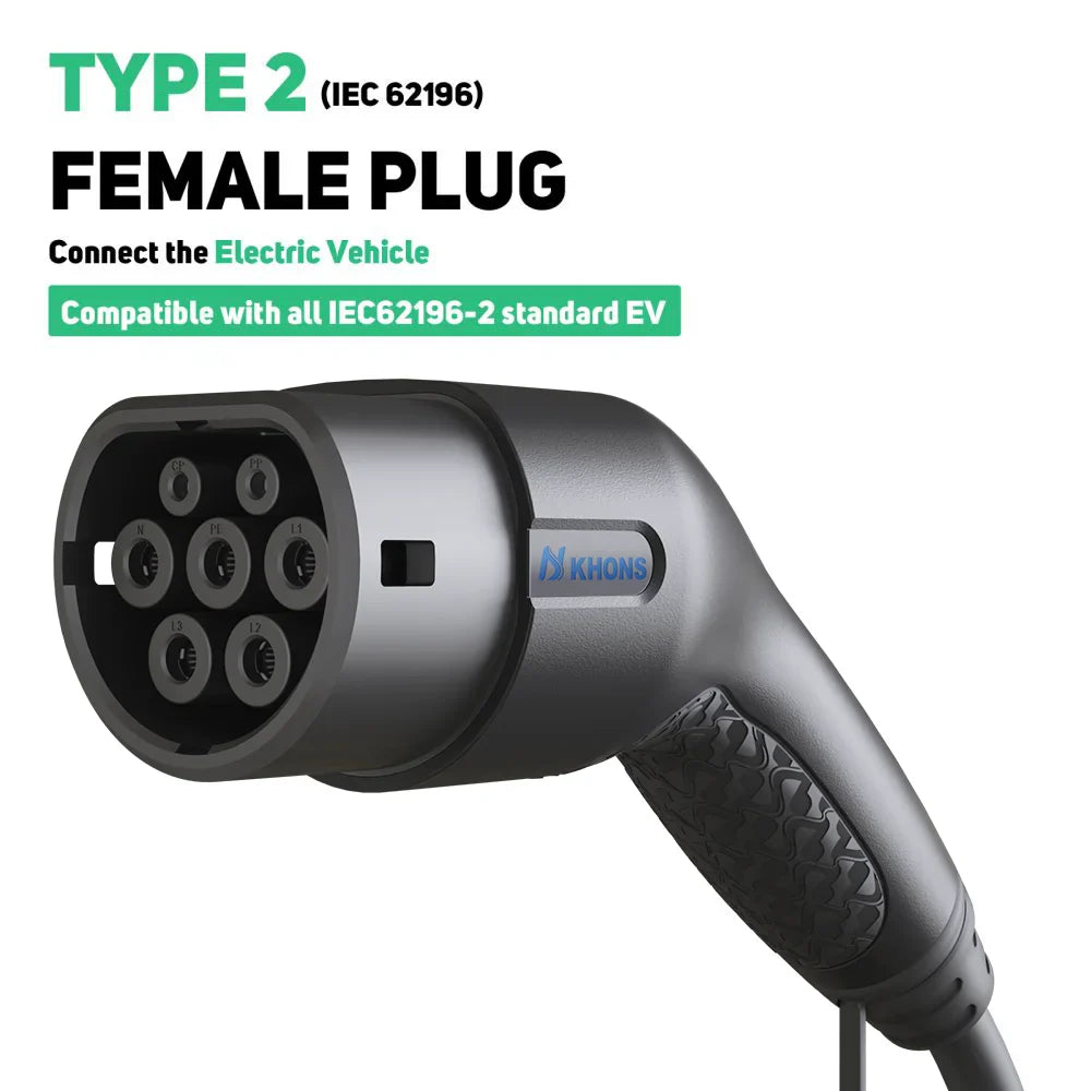 Khons Type2 To Type2 Ev Charging Cable 3Phase 32A Female To Male Plug 5M Cable 22kw IEC62196-2 EVES Charging Stations