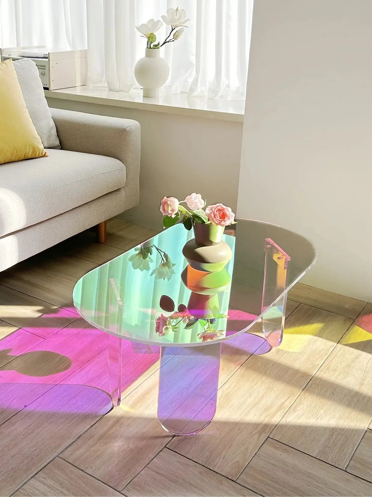 Shatterproof Acrylic Coffee Tables Clear End Table Living Room Iridescent Accent Side Table 4 Legs Home Decor