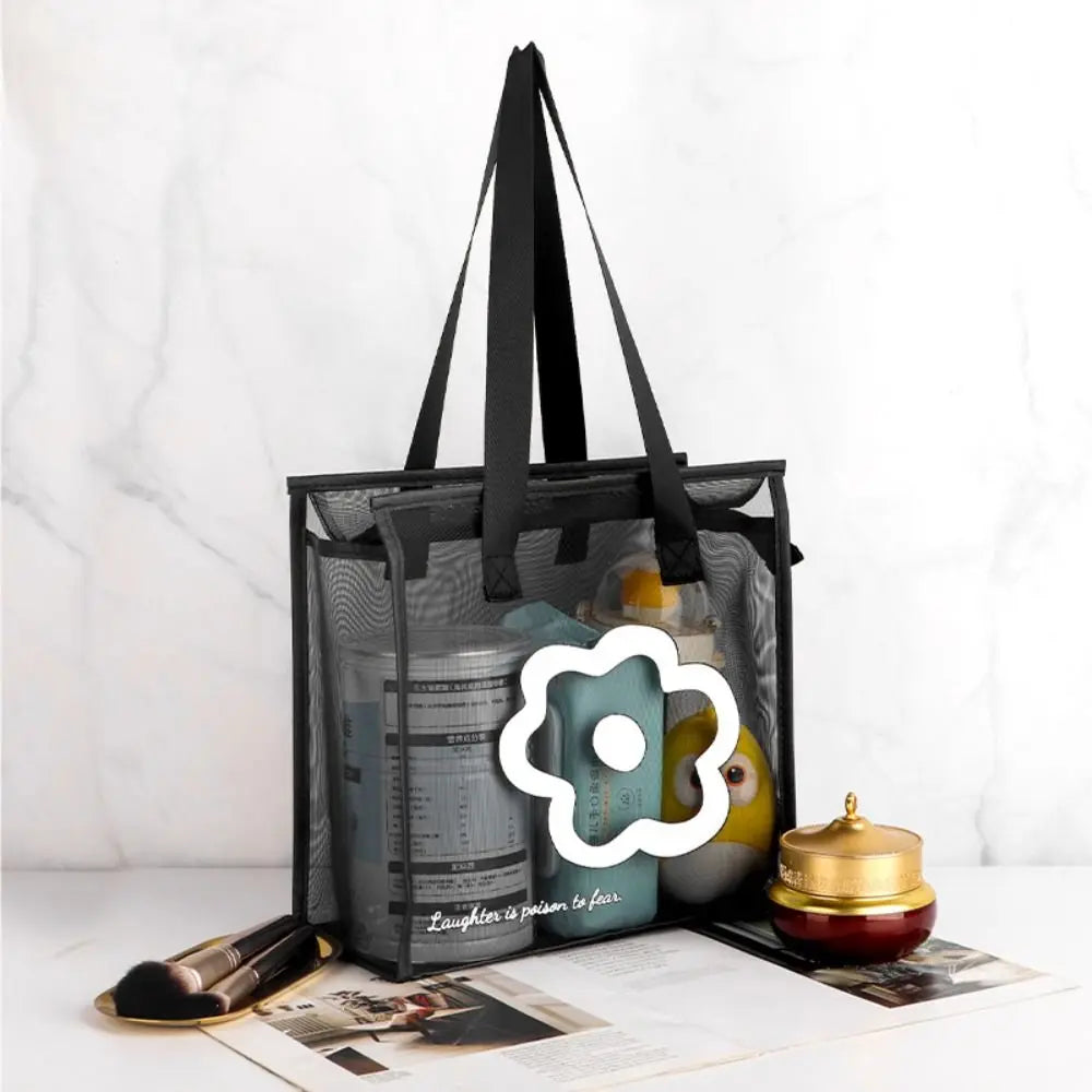 Clear Beach Tote Bag Fashion with Zipper Flower Cartoon Transparent Bag Nylon Mesh Wash Bag Woman