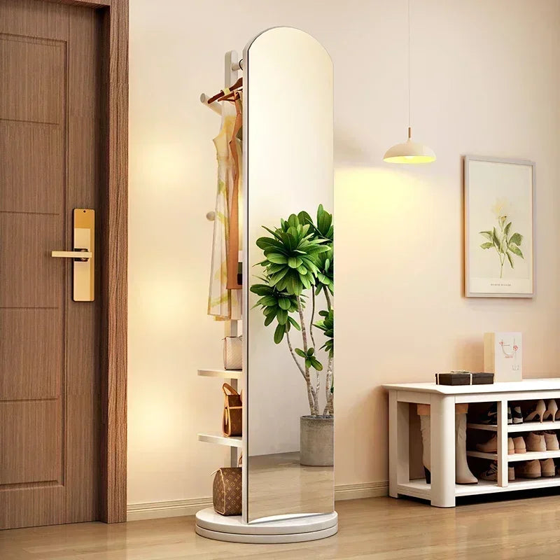 Solid wood hanger bedroom floor coat rack with mirror integrated