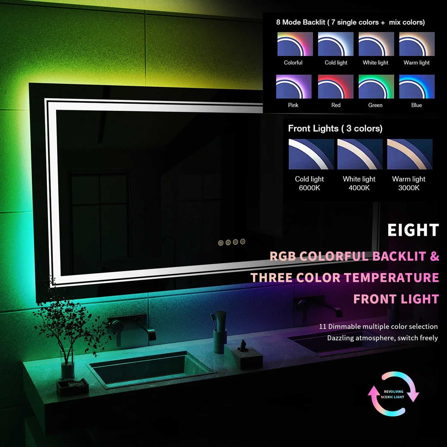 Large Full Size RGB LED Bathroom Mirror with Lights, Dimmable Wall Mirrors, Smart Anti-Fog, Vertical and Horizontal