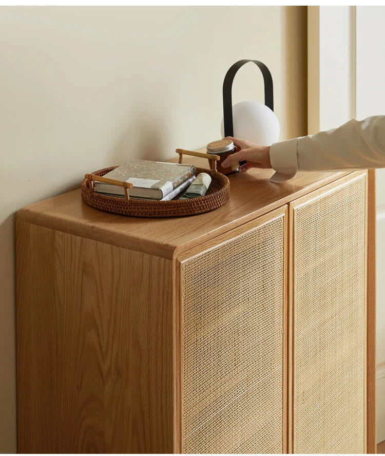 Japanese-Style Solid Wood Double-Door Rattan Shoe Cabinet Imported Oak Simple Modern Bedroom Storage Hall Entrance Cabinet