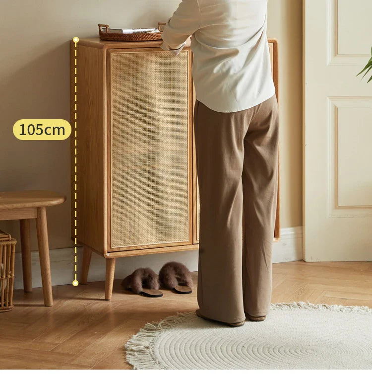Japanese-Style Solid Wood Double-Door Rattan Shoe Cabinet Imported Oak Simple Modern Bedroom Storage Hall Entrance Cabinet
