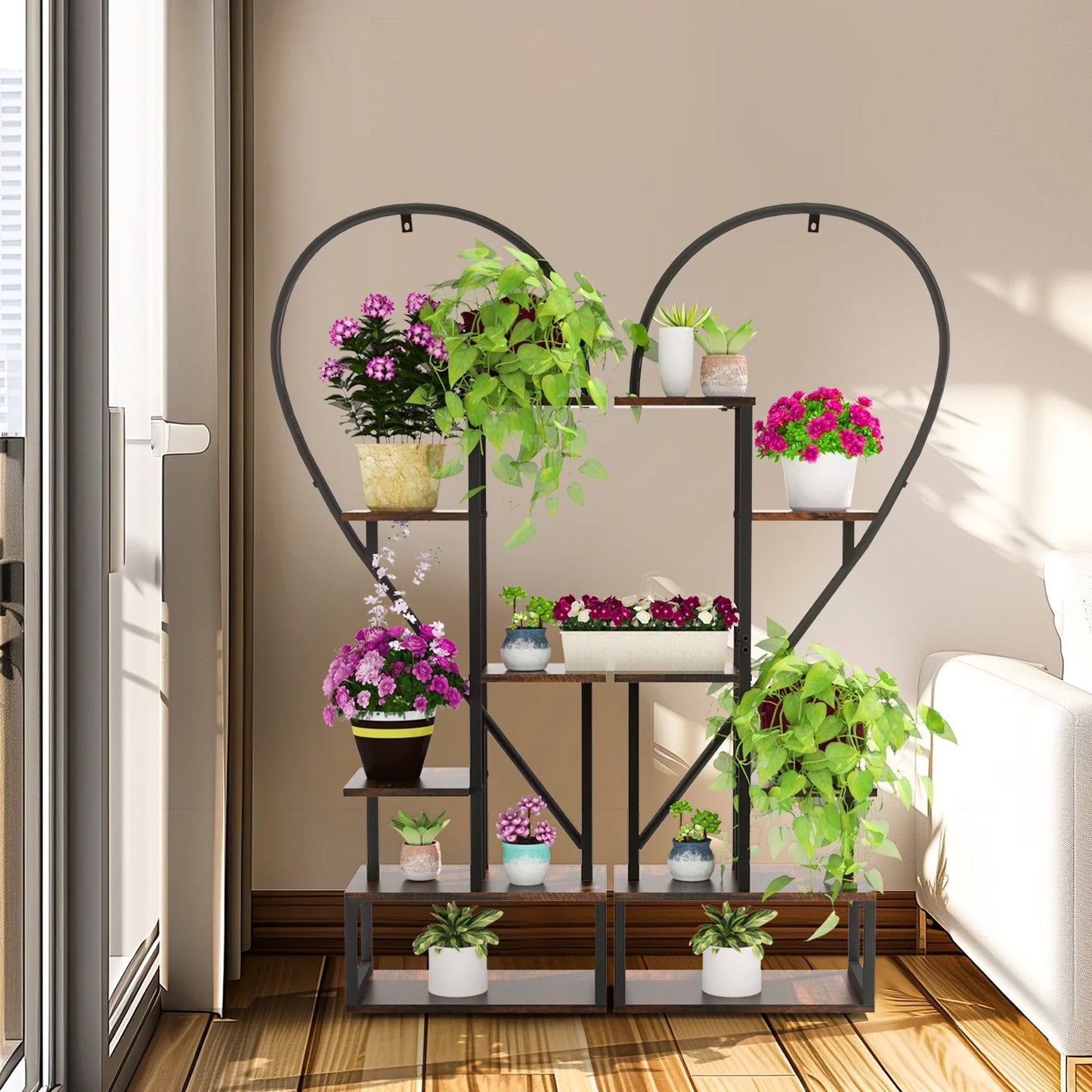 Half Heart Shaped Metal Plant Stand, Garden Display Shelf with Hooks, Home Patio, Lawn Flowers, 2 Pack