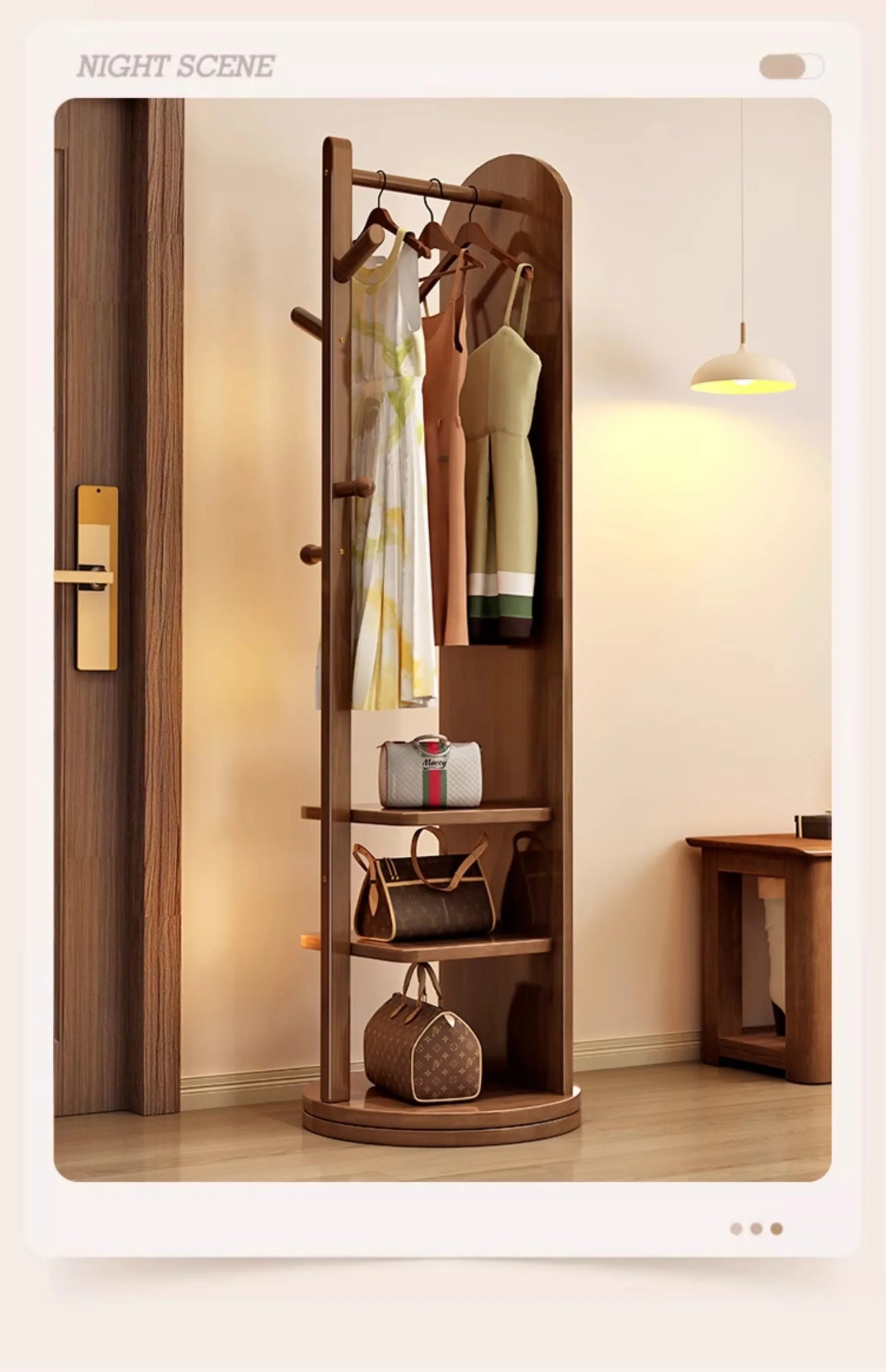 Solid wood hanger bedroom floor coat rack with mirror integrated