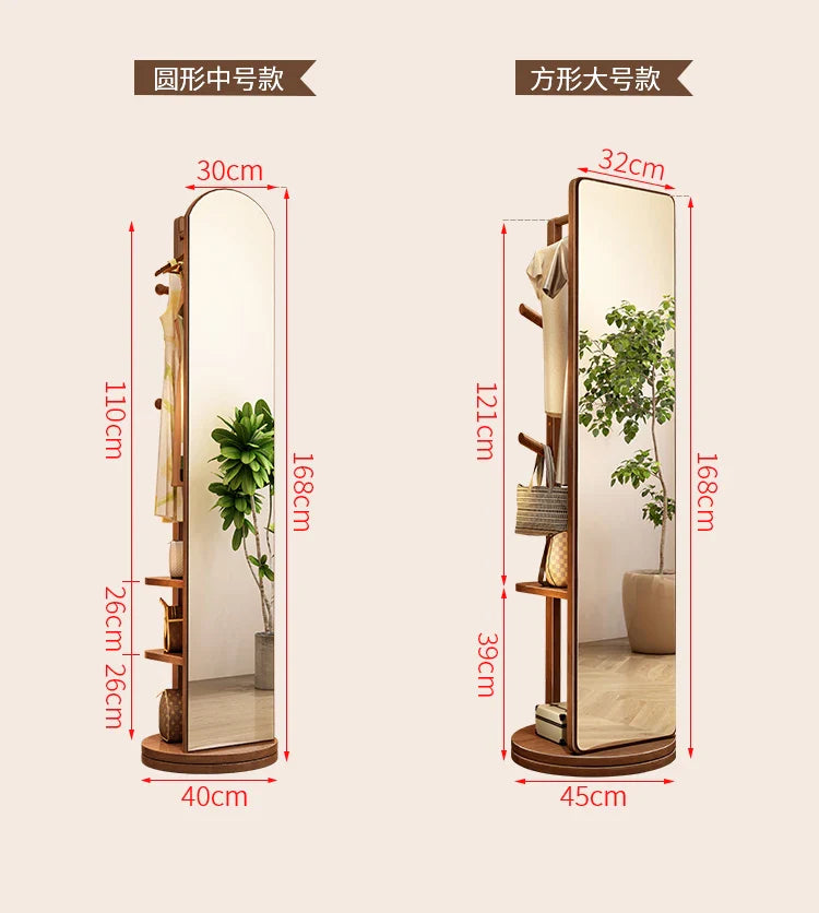 Solid wood hanger bedroom floor coat rack with mirror integrated