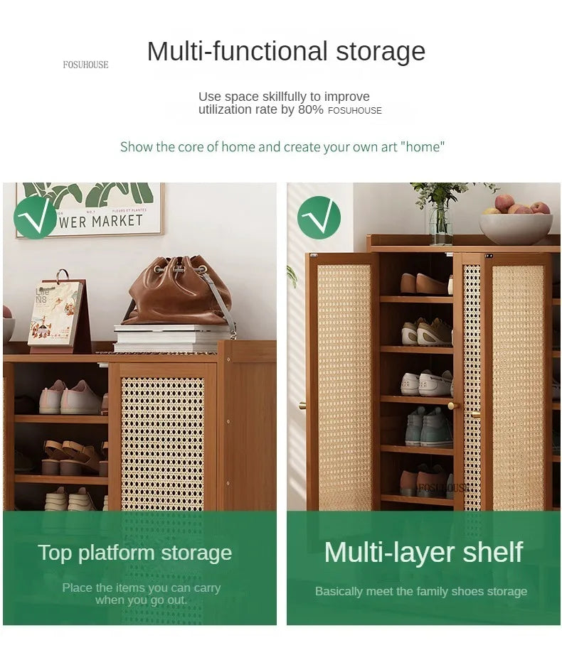 Japanese Bamboo Shoe Rack Indoor Multi-layer Dustproof Shoe Organizers Furniture Imitation Rattan Weave Cabinets for Living Room