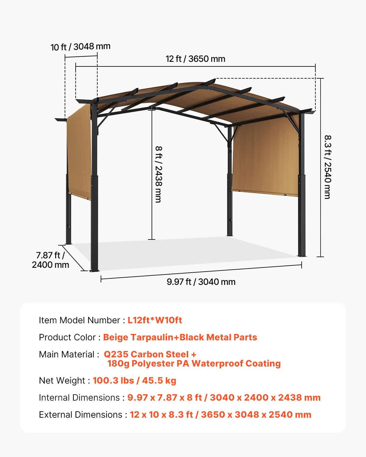 VEVOR Outdoor Pergola Arched Top Metal Pergola Retractable Pergola with Sun Shade Canopy Large Patio Shelter Pavilion for Deck