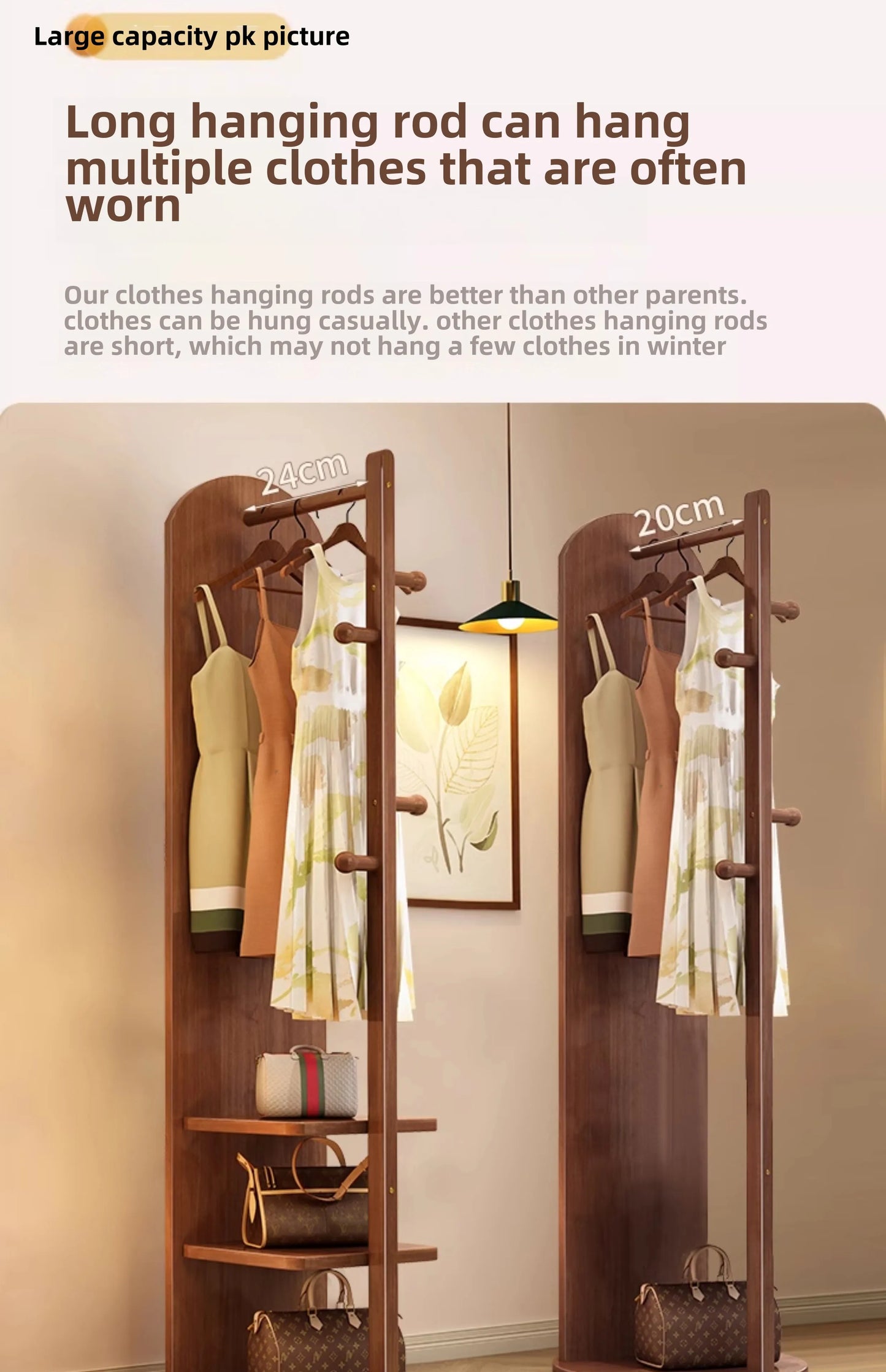 Solid wood hanger bedroom floor coat rack with mirror integrated