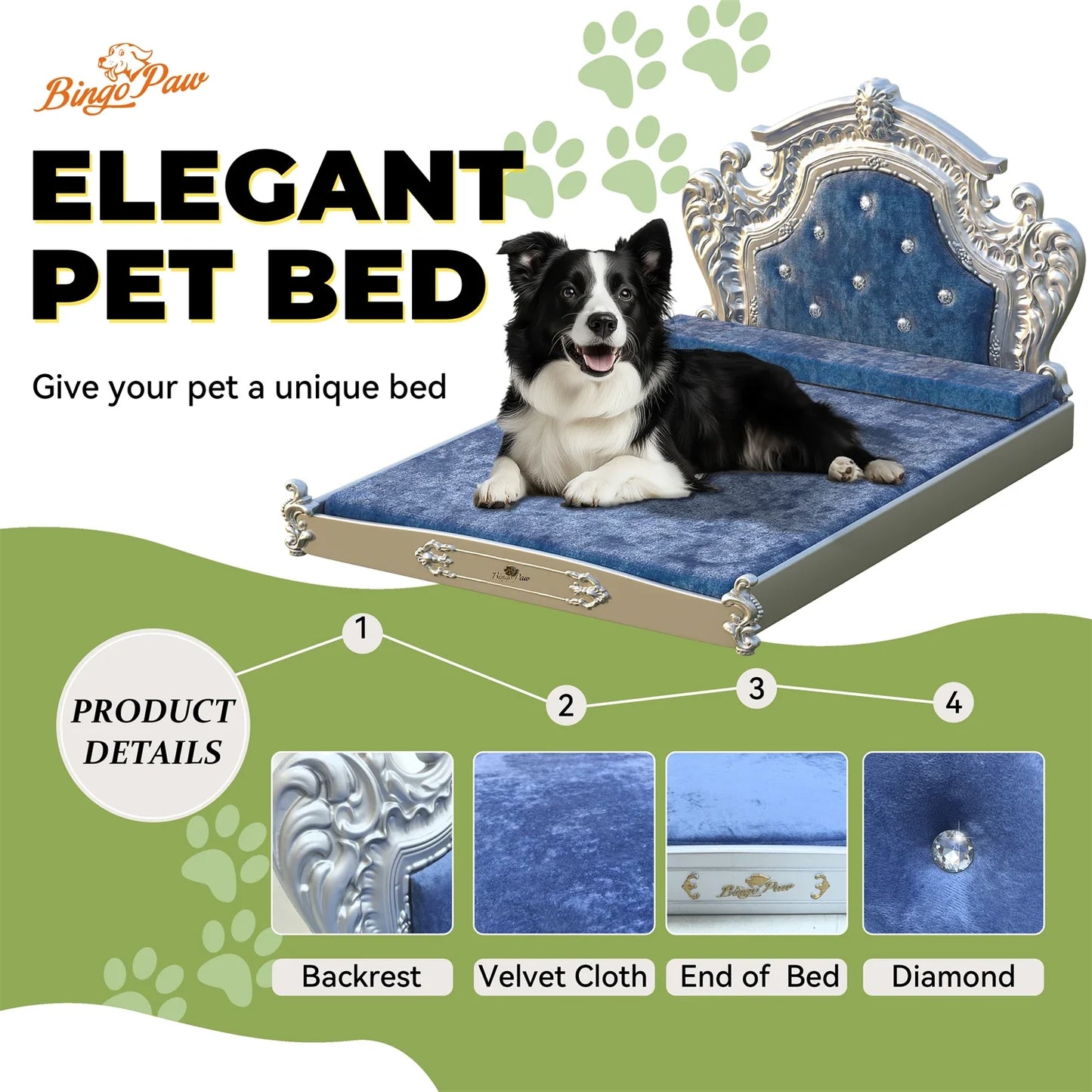 Luxury Pet Bed with Headboard, Washable Dutch Velvet Cover, Dog and Cat Bed, High Elastic Sponge, XXLarge
