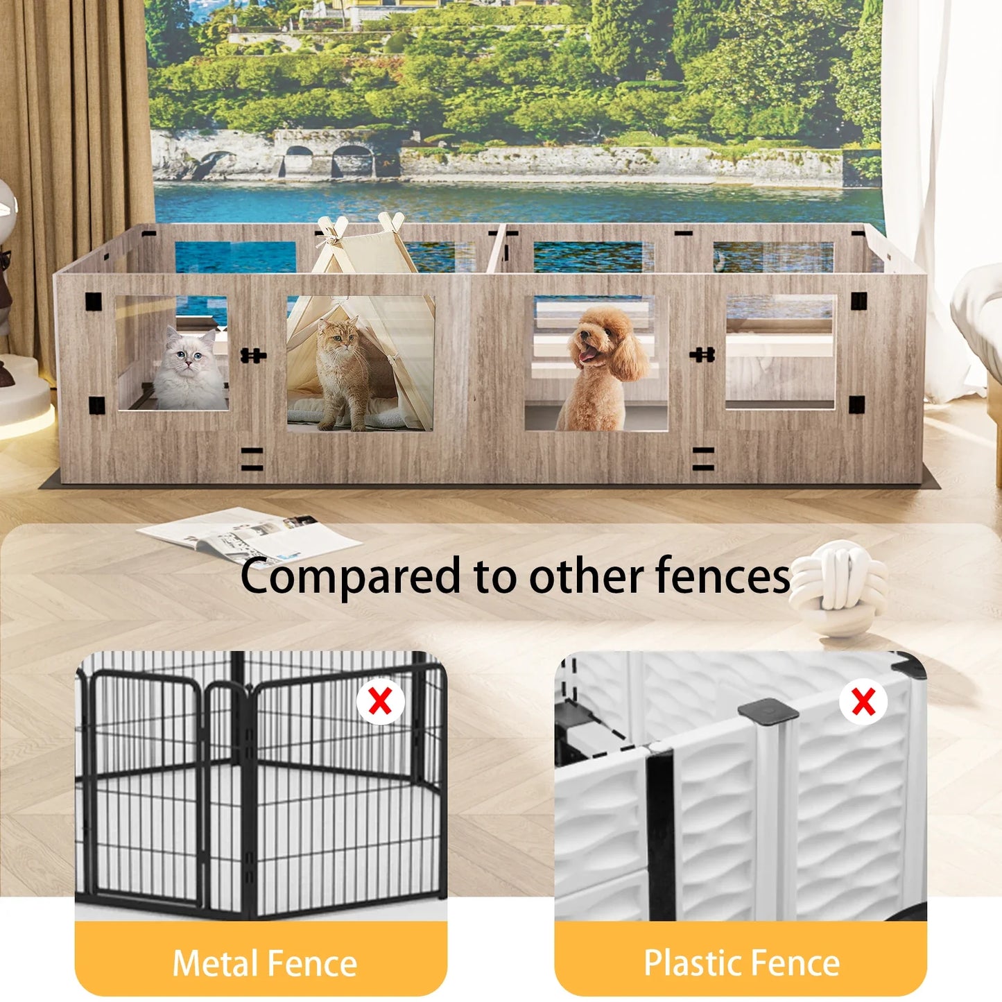 Clear Tempered Glass Pet Exercise Fence House, Dog Whelping Pen Box, for Indoor with Waterproof Pad, 8/4 Panels