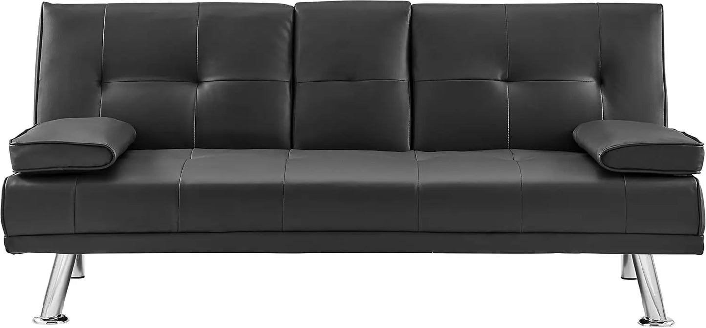 Manhattan 2 Seater Sofa Bed - Black. Faux Leather Fabric Sofa Bed With Cup Holder, Folding Sofa Bed To Double Bed. Click