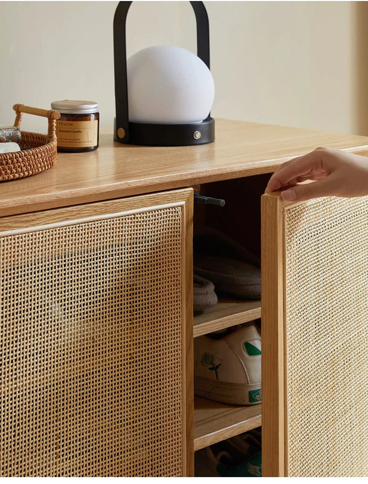 Japanese-Style Solid Wood Double-Door Rattan Shoe Cabinet Imported Oak Simple Modern Bedroom Storage Hall Entrance Cabinet