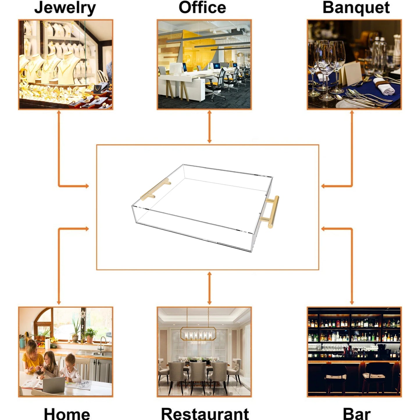 Clear Acrylic Serving Tray with Gold Handles Large Rectangle Decorative Spill Proof Table Organiser Clear Decorative Tray