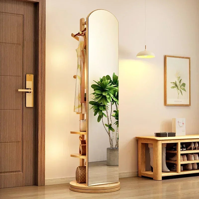 Solid wood hanger bedroom floor coat rack with mirror integrated