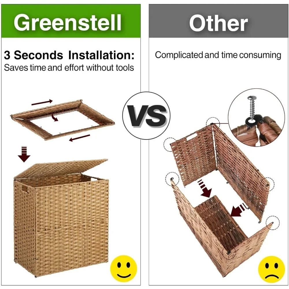 Greenstell Laundry Hamper with lid, No Install Needed, 110L Wicker Laundry Baskets Foldable 2 Removable Liner Bags, 2 Section