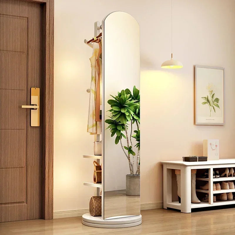 Solid wood hanger bedroom floor coat rack with mirror integrated
