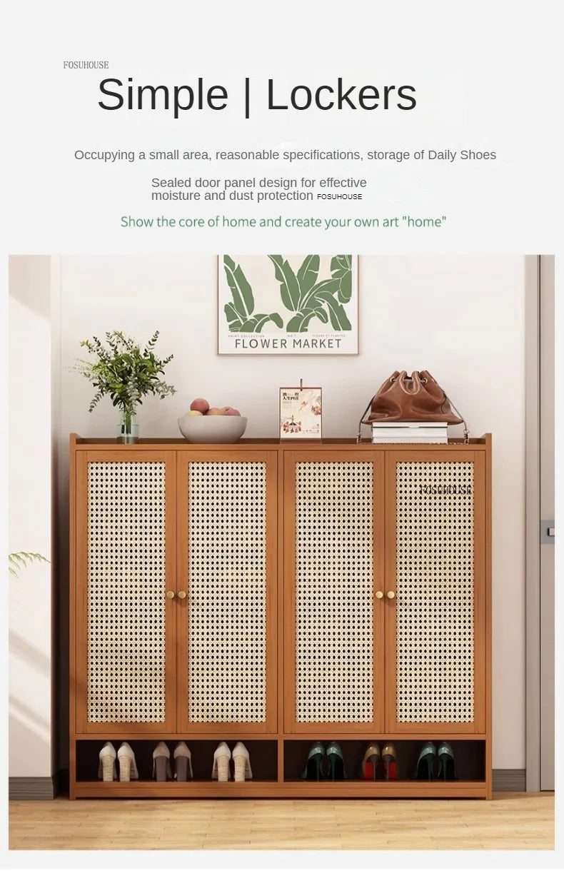 Japanese Bamboo Shoe Rack Indoor Multi-layer Dustproof Shoe Organizers Furniture Imitation Rattan Weave Cabinets for Living Room