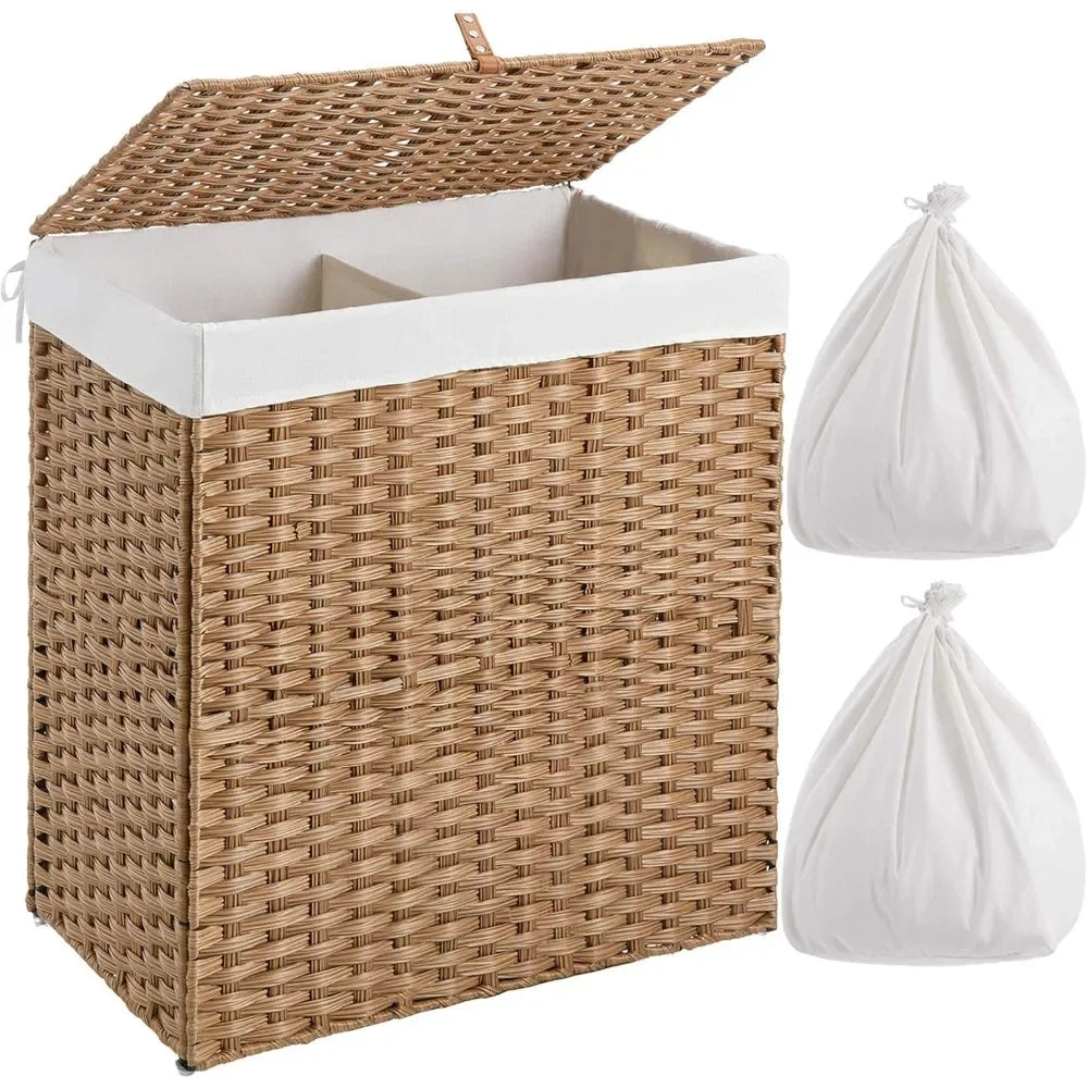 Greenstell Laundry Hamper with lid, No Install Needed, 110L Wicker Laundry Baskets Foldable 2 Removable Liner Bags, 2 Section
