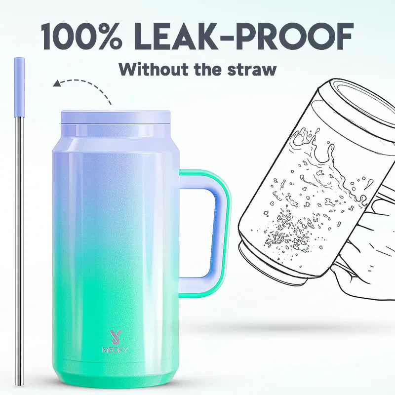 Meoky 50oz Tumbler Handle Straw Insulated Water Bottle Multi-prints Stainless Steel Leak-proof Large Capacity Travel Vacuum Cup