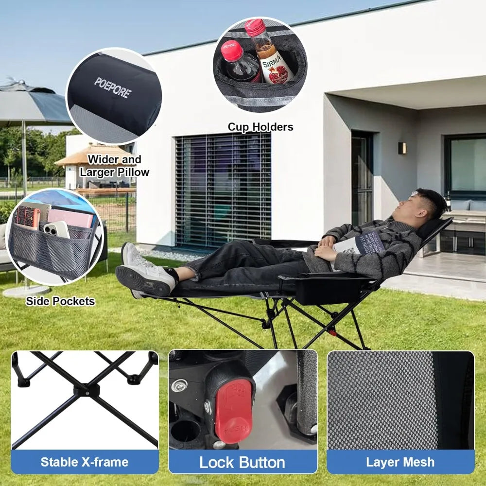 Set of 2 Reclining Camping Chair 4 Adjustments with Foot Rest Comfortable for Adults 120kg Folding Recliner Beach Chair