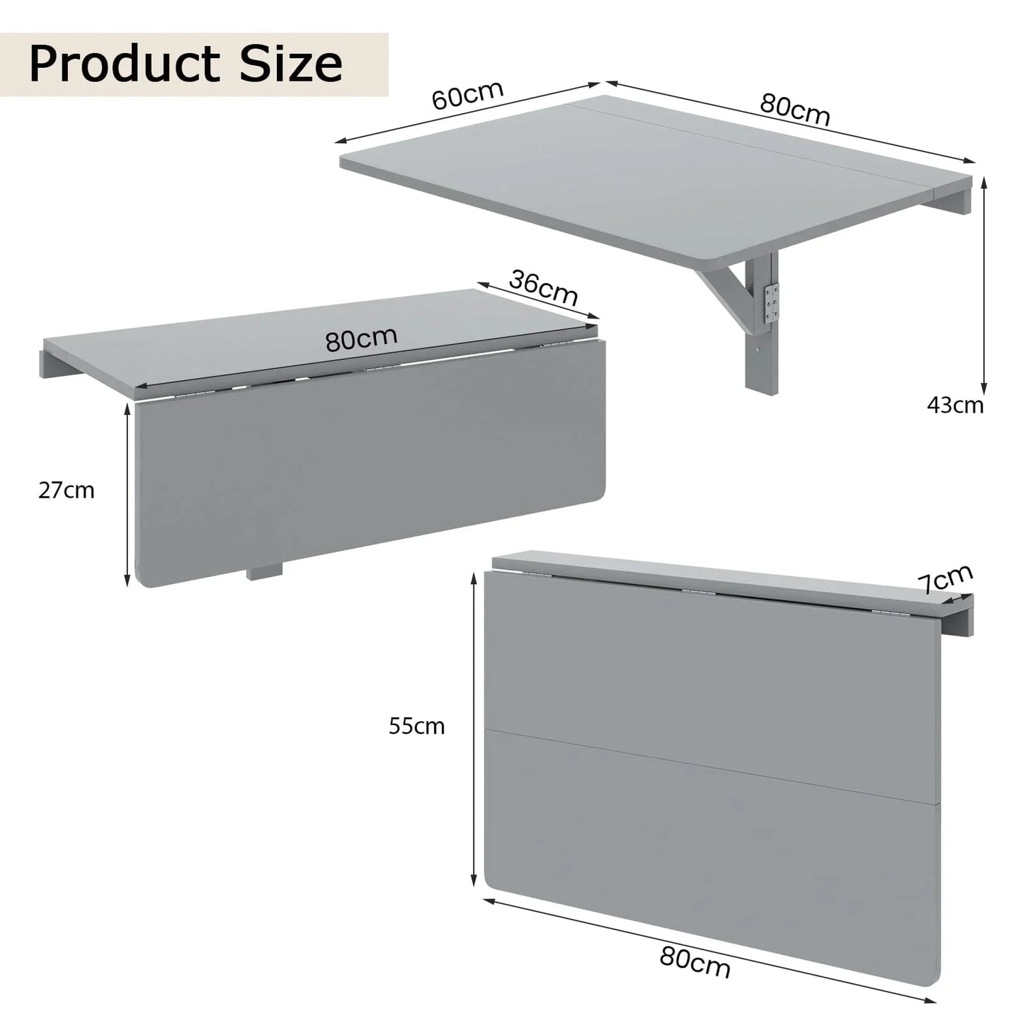 GOFLAME Wall Mounted Folding Table 80x60cm Drop-Leaf Floating Writing Desk-Grey