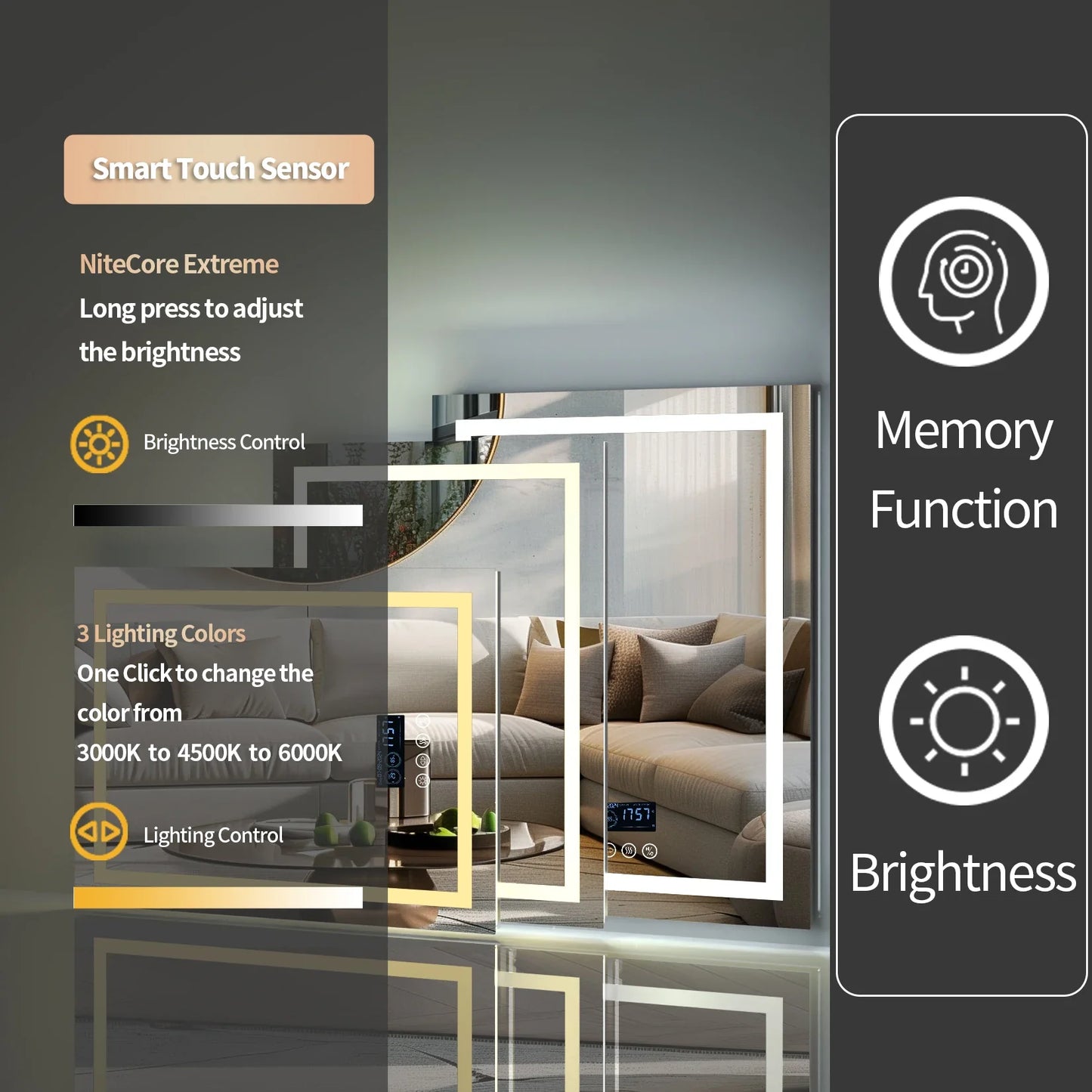Square LED Bathroom Mirror with Bluetooth Speaker, Smart Wall Vanity Mirror, Front-lit and Backlight, Touch Anti-fog