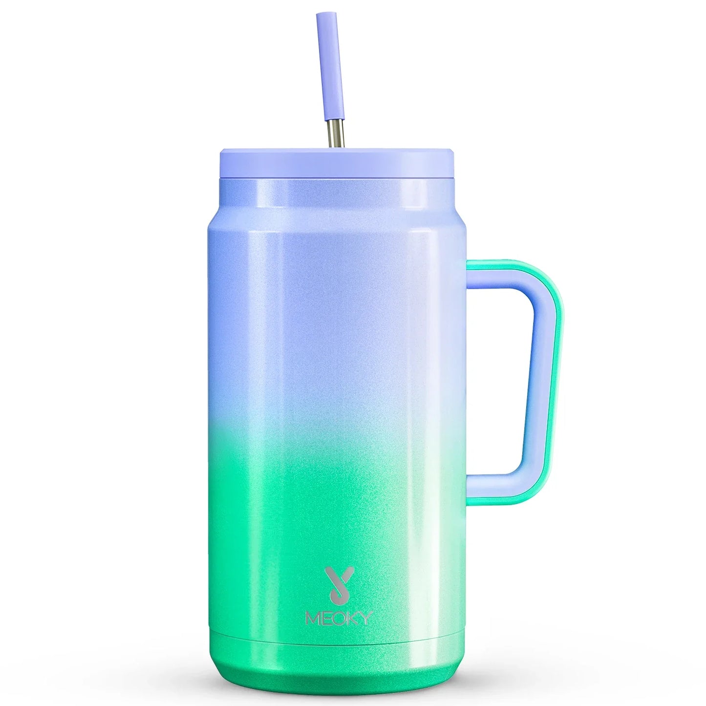 Meoky 50oz Tumbler Handle Straw Insulated Water Bottle Multi-prints Stainless Steel Leak-proof Large Capacity Travel Vacuum Cup