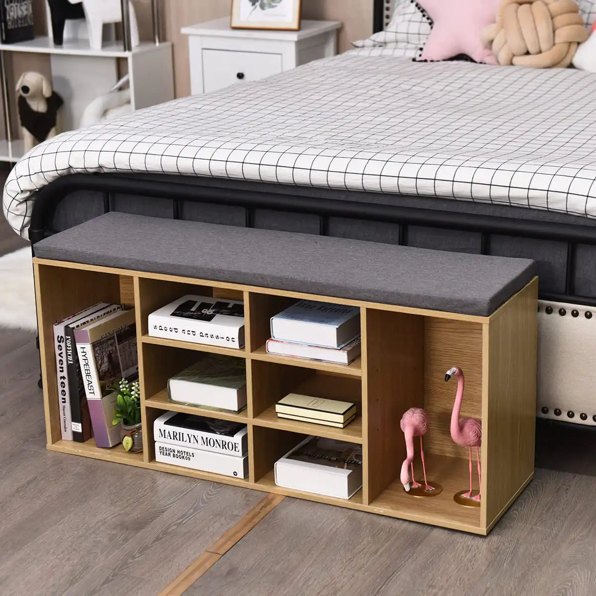 GOFLAME Wooden Shoe Bench Shoe Storage Rack Cabinet Organizer Seat Cushion-Natural