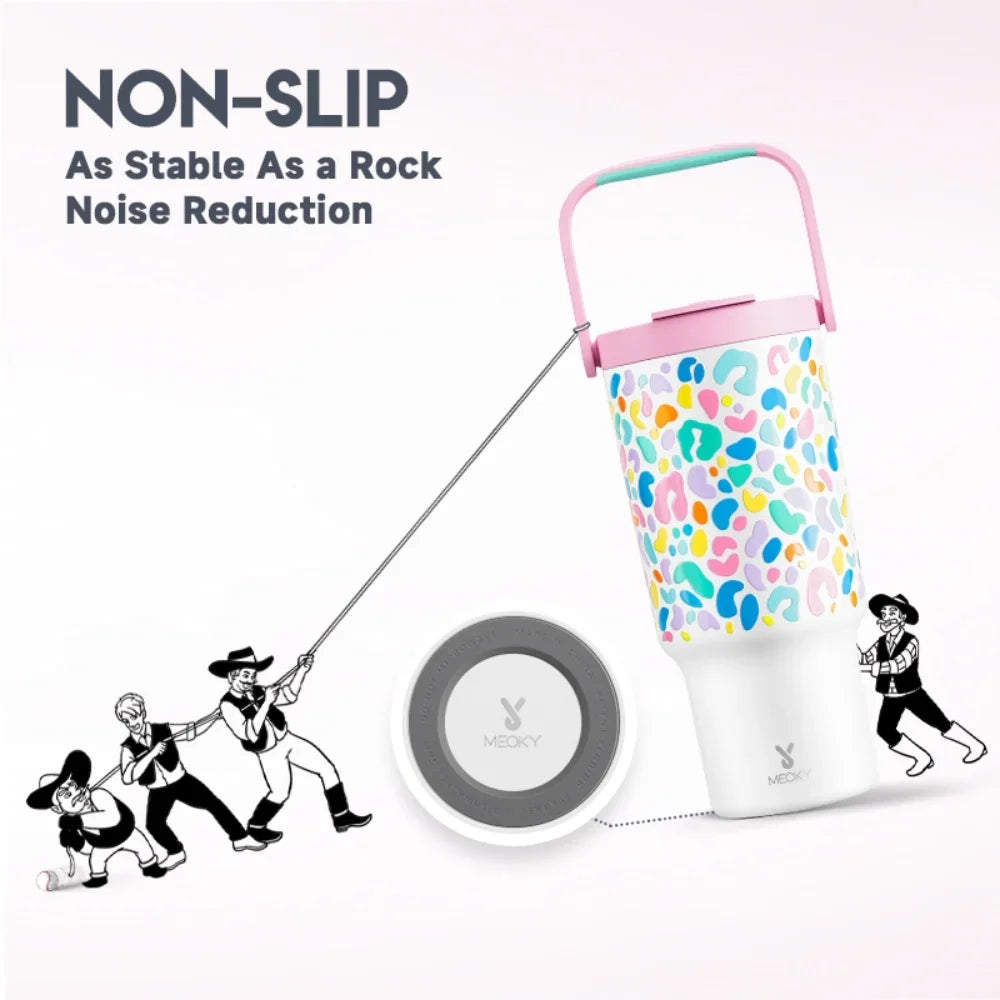 Meoky 32oz Cup Vacuum Tumbler With Lids Portable Stainless Steel Rainbow Leopard Coffee Cup Car Mugs Keeps Cold for 34 Hours